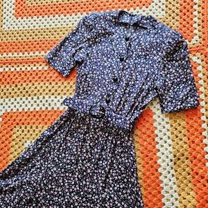 80s Ditsy Floral Midi Tea Dress With Matching Belt Navy Pink Handmade Vintage